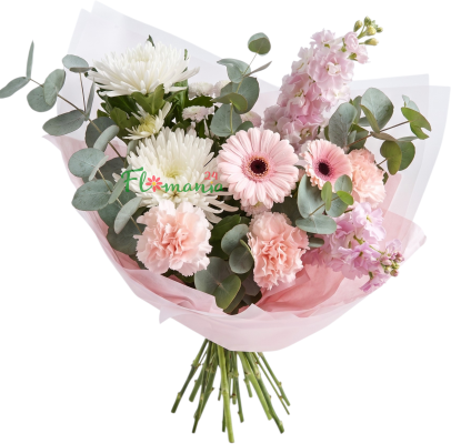 Букет с герберами, маттиолой и хризантемой «Нежный рассвет»