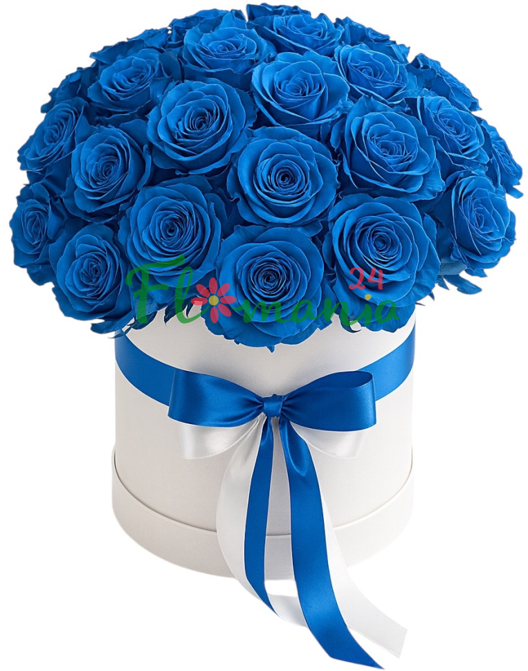 25 синих роз в шляпной коробке